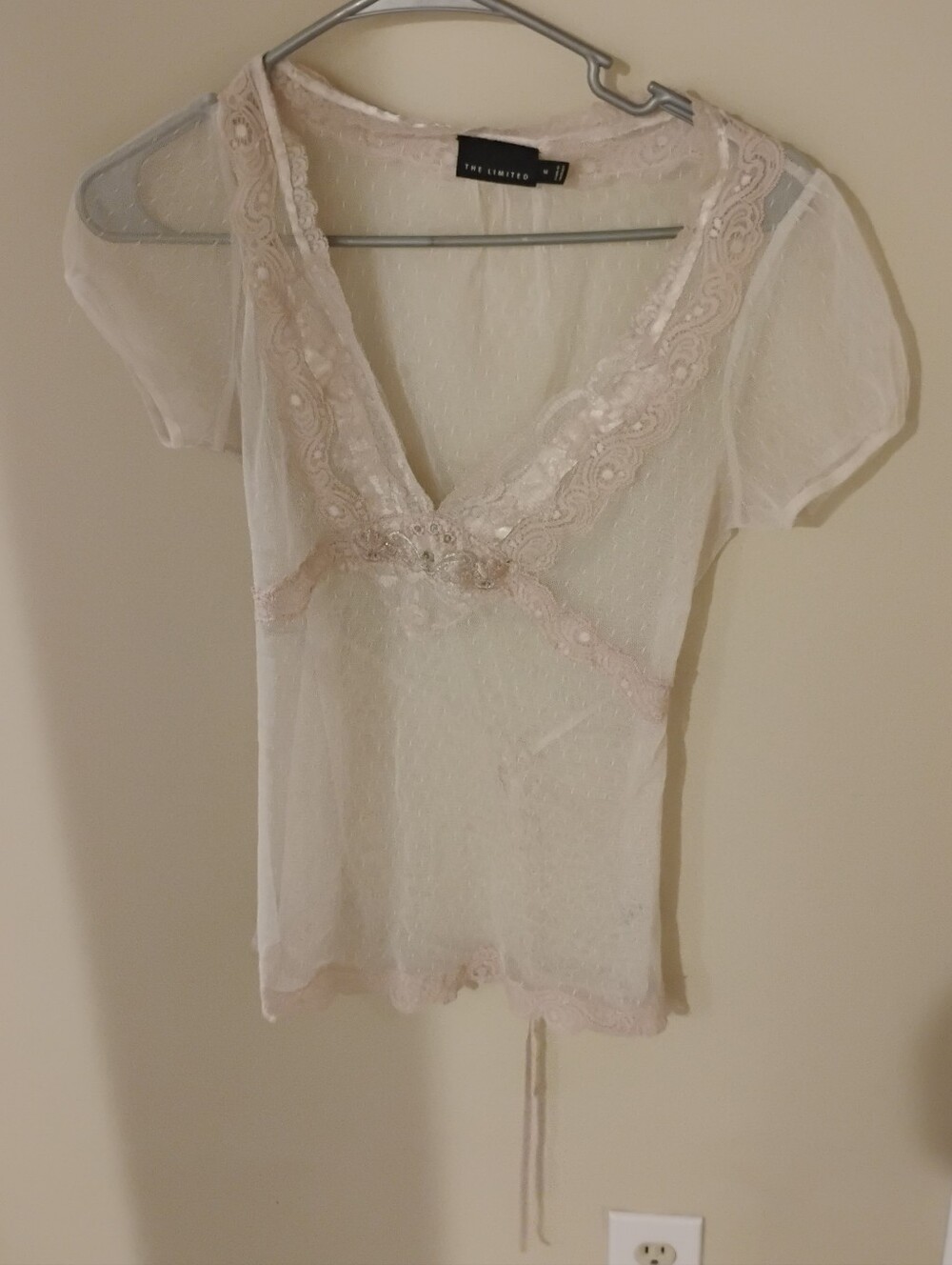 Vintage 2000s The Limited Pale Pink Fairy Mesh Sheer Embellished V Neck Top